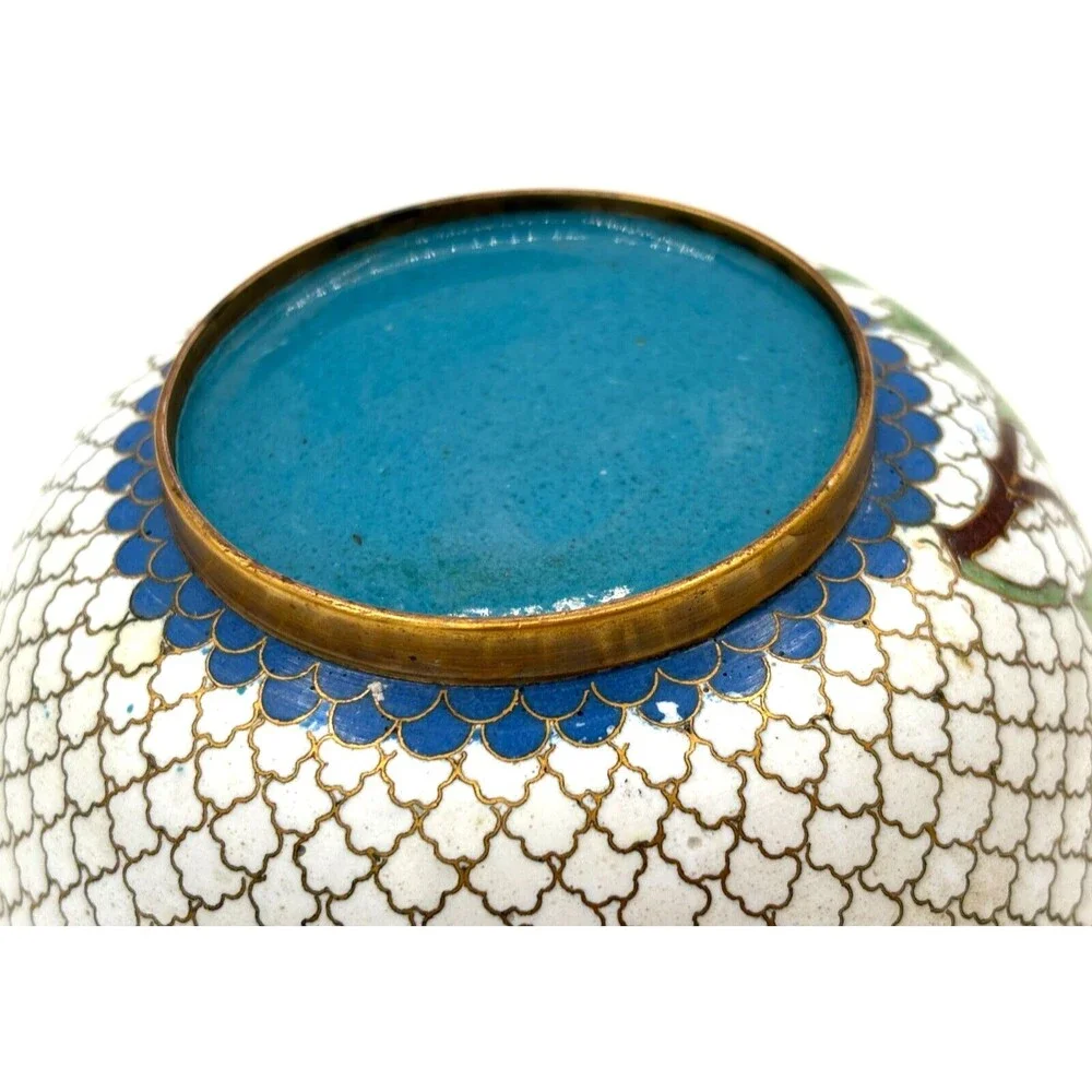 Vintage Chinese Cloisonné Enamel on Bronze Lidded Bowl Trinket Dish‎ Floral Teal
